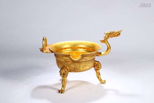 A Chinese Gilt Bronze Vessel With Beast Carving