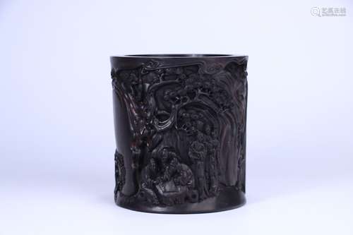 A Chinese Rosewood Brush Pot With Story Painting