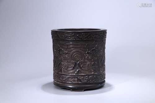 A Chinese Rosewood Brush Pot With Dragon Carving