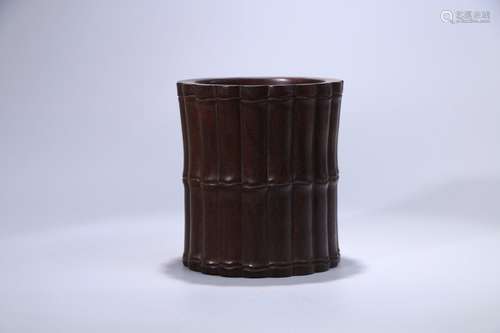 A Chinese Rosewood Bamboo Joint Brush Pot