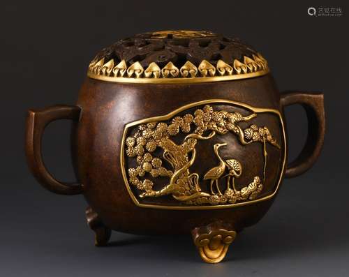 A Chinese Gilt Bronze Censer With Carne Carving