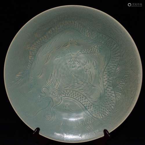 A Chinese Porcelain Ru Kiln Dragon Plate