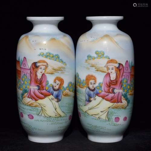 Pair Of Chinese Porcelain Enameled Figure Vases