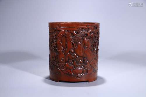 A Chinese Bamboo Brush Pot With Story Painting