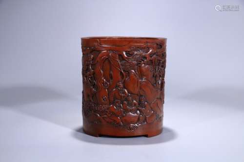 A Chinese Bamboo Brush Pot With Story Painting