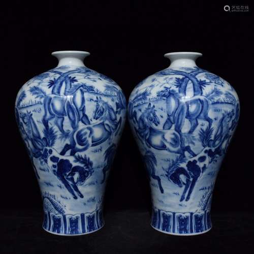 Pair Of Chinese Porcelain Blue&White Horses Meiping Vase