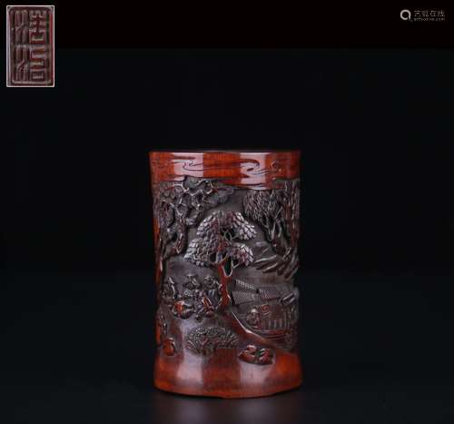 A Chinese Bamboo Brush Pot With Story Painting