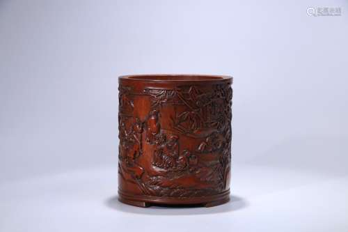 A Chinese Bamboo Brush Pot With Story Painting