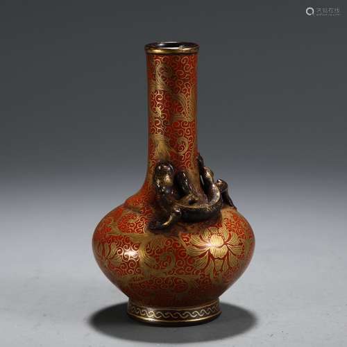 A Chinese Porcelain Red Glazed Vase With Gold Painting