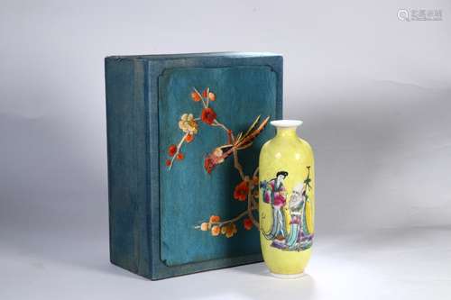 A Chinese Porcelain Yellow Glazed Famille Rose Figure-Story Vase