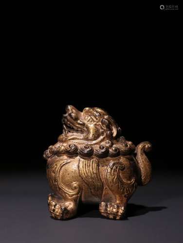 A Chinese Bronze Beast Censer Ornament With Golden Painting