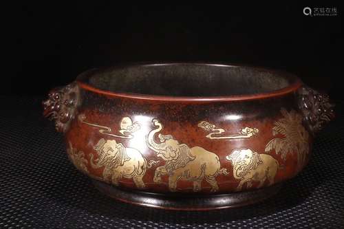 A Chinese Bronze Censer With Beast Carving