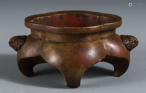 A Chinese Bronze Ear Censer With Beast Pattern