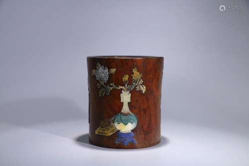 A Chinese Boxwood Brush Pot With Gems