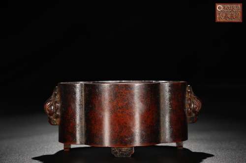 A Chinese Bronze Ear Censer With Beast Carving