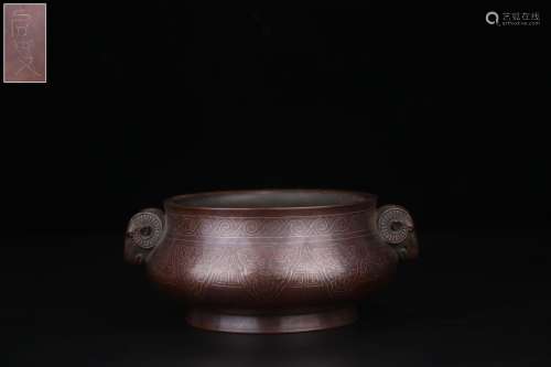 A Chinese Bronze Censer With Silver Painting