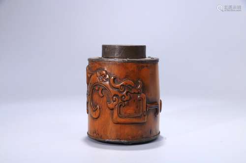 A Chinese Boxwood Tea Jar With Tin