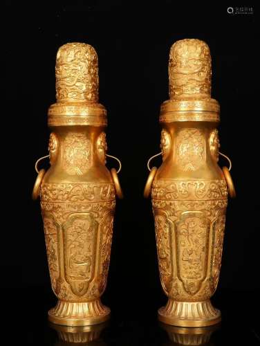 Pair Of Chinese Gilt Bronze Vase With Story Pattern
