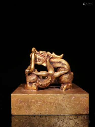 A Chinese Gilt Bronze Seal With Dragon Carving
