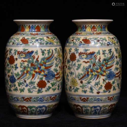 Pair Of Chinese Porcelain Doucai Phoenix Vases