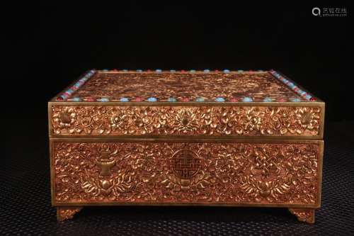A Chinese Gilt Bronze Coral Box With Beast Carving