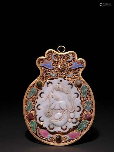 A Chinese Gilt Silver Jadeite Pendant With Beast Carving