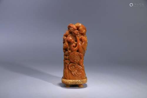 A Chinese Tianhuang Stone Incense Holder Ornament With Dragon Carving