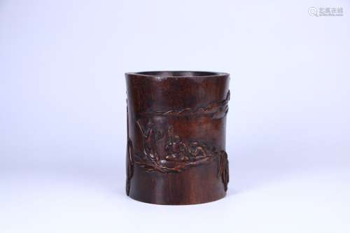 A Chinese Agarwood Brush Pot With Story Painting