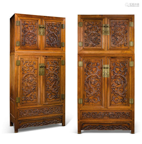 清十九世紀 花梨木龍戲珠刻紋櫃四件櫃一對 19TH CENTURY