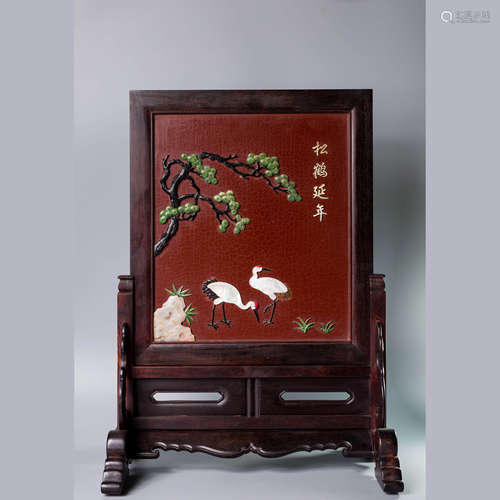 A Chinese Gem Inlaid Pine Tree and Crane Pattern Red Sandalwood Table Screen