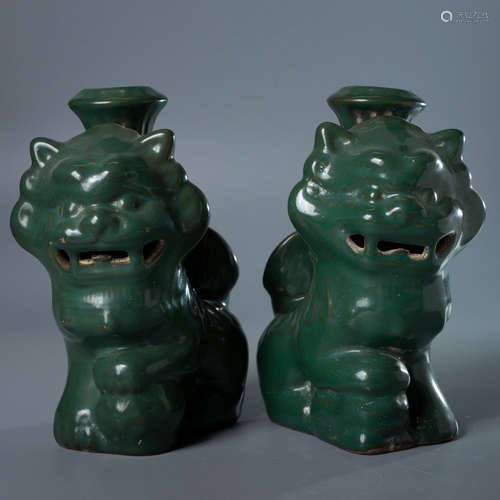 A Pair of Chinese Green Glaze Porcelain Lion Lamps