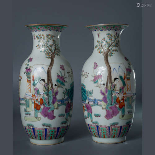 A Pair of Chinese Famille Rose Figure Painted Porcelain Flower Vases