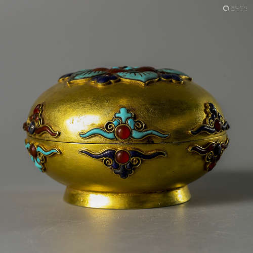 A Chinese Gem Inlaid Gild Bronze Buddhist Relic Box