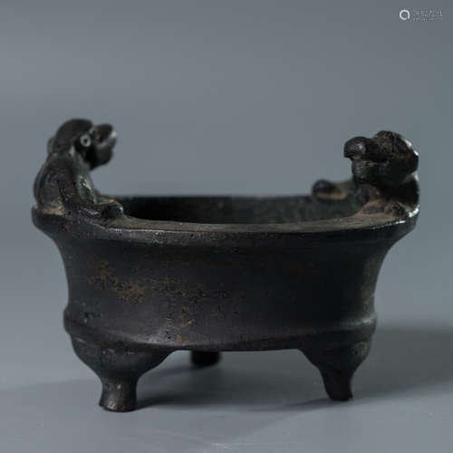 A Chinese Double Beast Ears Bronze Incense Burner