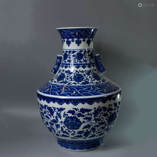 A Chinese Blue and White Twining Lotus Pattern Porcelain Double Ears Zun