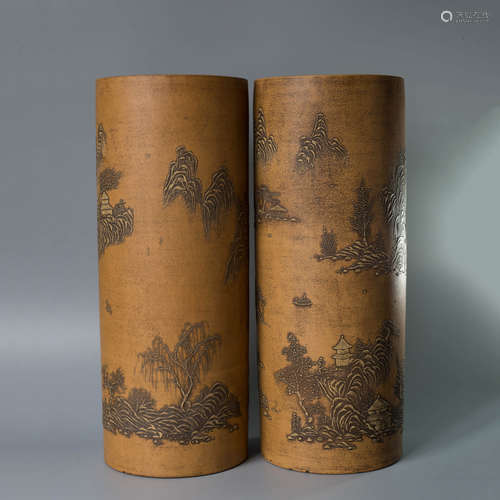 A Pair Of Chinese Landscape Painted Purple Sand Hats Standings