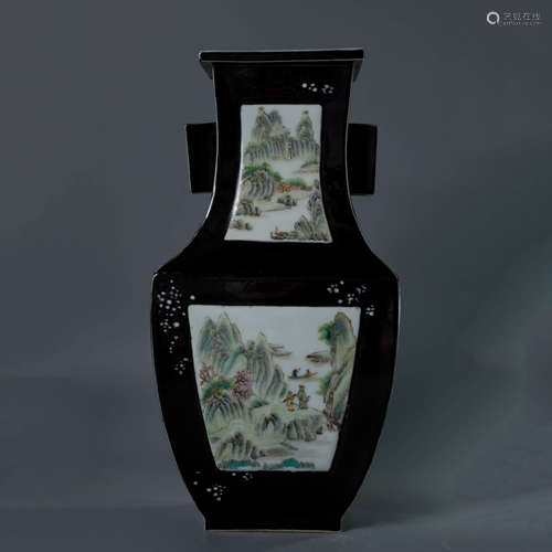 A Chinese Black Ground Famille Rose Landscape Painted Porcelain Square Zun