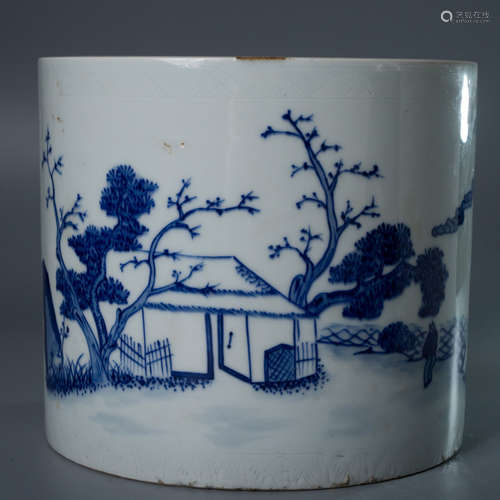 A Chinese Blue and White Inscribed Porcelain Brush Pot