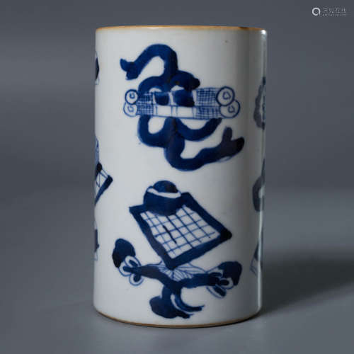 A Chinese Blue and White Eight Immortals Painted Porcelain Brush Pot
