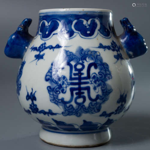 A Chinese Blue and White Shou Character Porcelain Zun