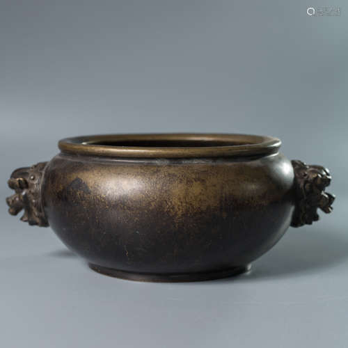 A Chinese Double Beast Ears Bronze Incense Burner