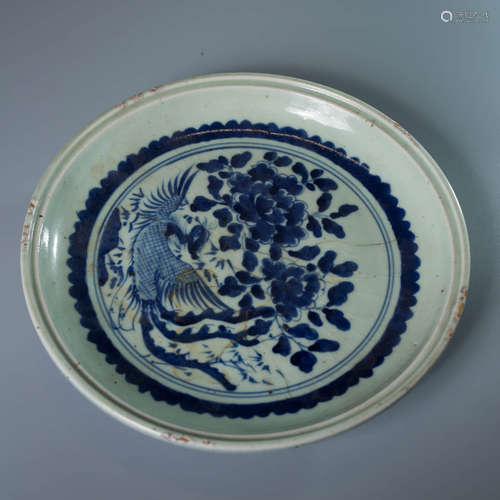 A Chinese Blue and White Peony Phoenix Pattern Porcelain Plate