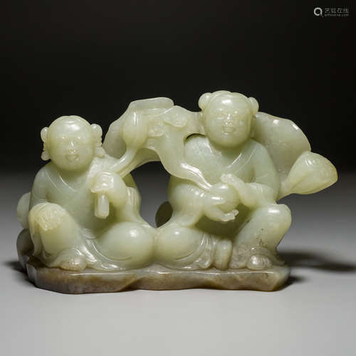 A Chinese White Hetian Jade Carved Immortals Ornament