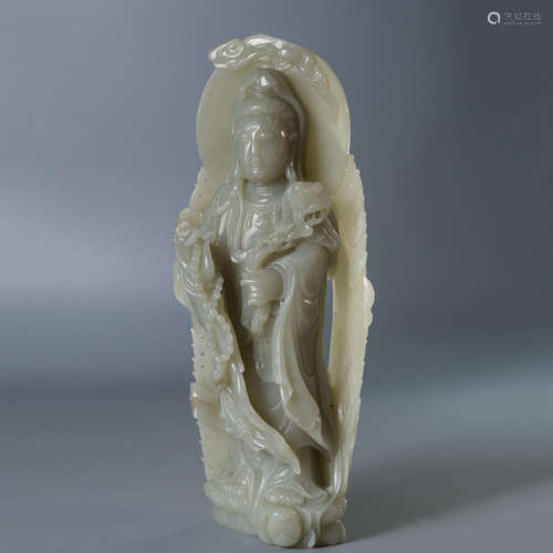 A Chinese White Hetian Jade Carved Guanyin Statue