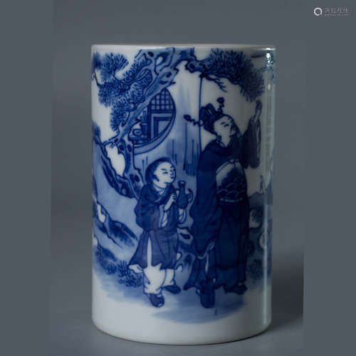 A Chinese Blue and White Figure Painted Porcelain Brush Pot