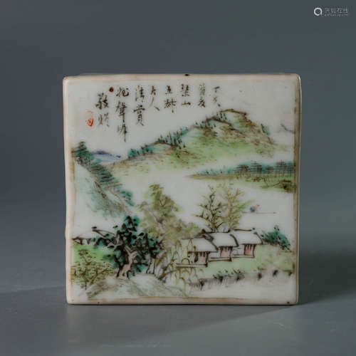 A Chinese Landscape Painted Light-reddish-purple Porcelain Inkpad Box