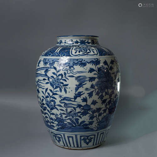 A Chinese Blue and White Flower&Bird Pattern Porcelain Jar