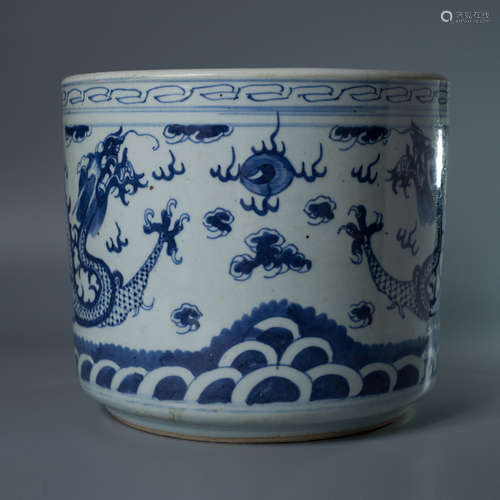 A Chinese Blue and White Dragon Pattern Porcelain Brush Pot