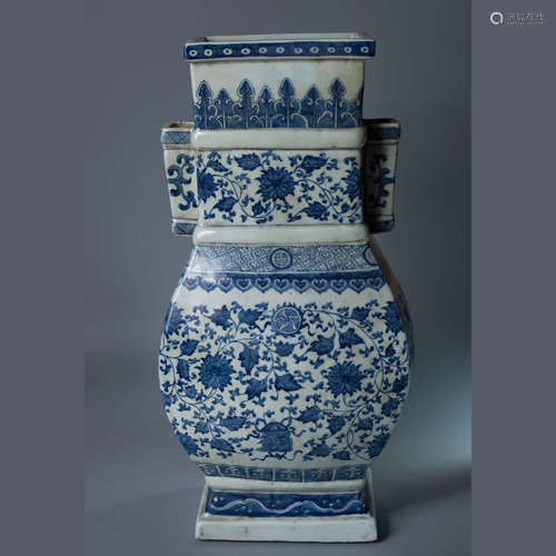 A Chinese Blue and White Twining Lotus Pattern  Porcelain Double Ears Square Zun