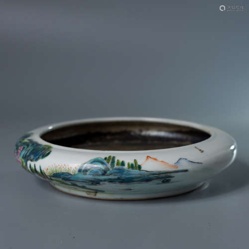 A Chinese Famille Rose Landscape Porcelain Brush Washer